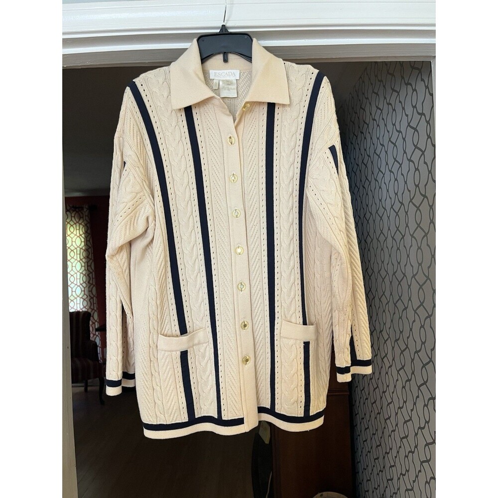 Escada 100% Wool Ivory w Navy Blue Ribbon Pockets Cardigan Sweater Germany